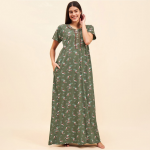 Green Floral Printed Cotton Maxi Nightdress